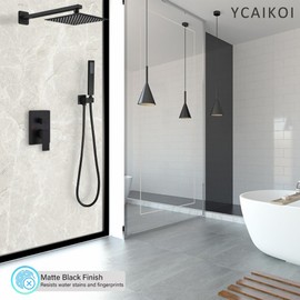 YCAIKOI Matte Black Shower System Wall Mount Shower Faucet Set for Bathroom 10 Inch High Pressure Luxury Shower Head with Handheld, Rough-in Valve Body and Trim Included