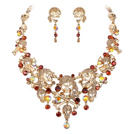 EVER FAITH Austrian Crystal Vintage Style Cross Pirate Skull Necklace Earrings Set Brown