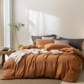 BDEAR Pinstripe Duvet Cover Queen Size 90''W x 90'' L, 100% Washed Cotton Burnt Orange and Black Striped Duvet Cover with 8 Ties and Zipper Closure Plus 2 Pillowcases, Oeko TEX Standard Certificated