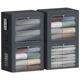 Chizjox Clothes Storage Bins with Metal Frame - 42L Stackable Storage Box with Lid，Foldable Storage Container Organizer for Clothes，4 Pack Non-Woven Storage Box with Clear Window