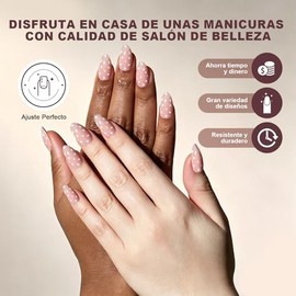 Uñas Postizas con Punta Francesa, Uñas Press on para Manos, Cortas y Puntiagudas en Forma de Almendra con Acabado UV, Kit de Uñas Semitransparentes de