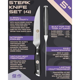 KESSAKU Juego de 4 cuchillos para carne de 5 pulgadas, serie Dynasty – acero forjado ThyssenKrupp German HC – mango G10 con protectores de hoja