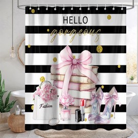 Raoycla Pink and Black Shower Curtain, White Striped Cute Preppy Girly Funky Shower Curtain for Women Bathroom Decor Luxury with 12 Hooks, 72Wx72H