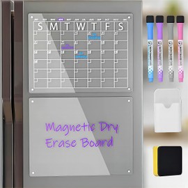 Magnetic Dry Erase Calendar Board for Fridge - 16" x 12" Acrylic Monthly Planner, Reusable Whiteboard Meal Planner and Workout Tracker with 4 Markers and 1 Eraser
