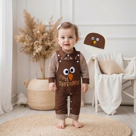 HYADRBLEBY Thanksgiving Baby Boy Outfit My First Thanksgiving Newborn 3 6 9 12 18M Polo Romper Overalls Pants Fall Outfits (Brown, 6-9 Months)