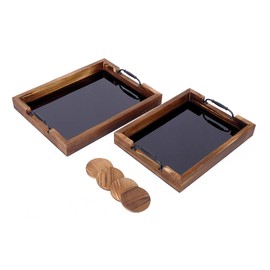 Luxury Wood Serving Tray Set with Matching Coasters - 6-Piece Tray Set (18x14 & 16x12), Torched Dark Brown, Black Acrylic Liner, Reflective Base, Sturdy Handles (2 Tray Set + 4 Coasters)