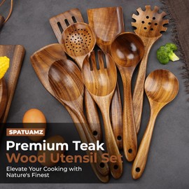 Natural Teak Wood Kitchen Utensil Set, Set of 9 Wooden Spoons for Cooking, Great Gift Cooking Spoons for Kitchen Essential Tools