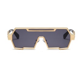 Junsika Retro Steampunk Sunglasses for Men Trendy Cool Design One Piece Irregular Metal Frame Black Sunglasses, A2: gold frame black lens