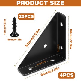 4Pcs Corner Bracket, Black Angle Bracket Corner Brace, Metal Corner Brackets, Triangle Corner Shelf Bracket, 66mm × 66mm Corner Braces for Wood, Table Cabinet Bed Corner Support Connector with Screws