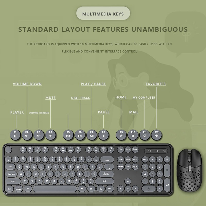 Wireless Keyboard and Mouse Combo Pure Color Retro 2.4G Wireless
