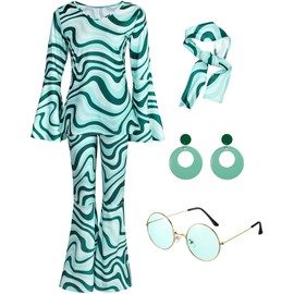 Leumoi 6 Pcs 60s 70s Disco Outfit Women Hippie Costume Accessories Flared Pants Headband Earrings Sunglass (Stripe,X-Large)