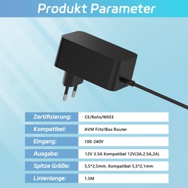 12 V 3.5 A Power Supply Charger Compatible with AVM Fritz!Box 7590, 7560, 7540, 7530, 7510, 7490, 7430 7390, 6690, 6490, 5590, 5530 WLAN Router and Telekom Speedport Smart Plug Power Supply, Black