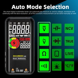 MAXRIENY Digital Multimeter Color LCD 3 Results Display 9999 Counts Auto-Ranging Pocket Smart Voltmeter Capacitance Ohm Continuity Frequency Diode Duty Cycle Live Check Voltage Tester