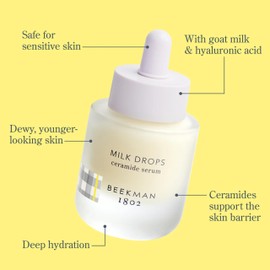 Beekman 1802 Milk Drops Ceramide Facial Serum - Squalane Oil, Hyaluronic Acid & Goat Milk Face Moisturizer - Boosts Skin Radiance & Hydrates Deeply - Fragrance Free - For Oily/Acne Prone Skin
