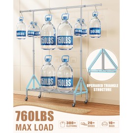 100% Stainless Steel Clothing Rack Load 760LBS, Ultra-Stable Heavy Duty Clothes Rack W/ Reinforced Rubber Ring, Extendable Adjustable Rolling Garment Racks W/ Sturdy Wheel for Portable Hanging Clothes