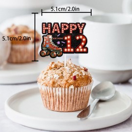 18pcs Red Glitter Neon Light Happy Birthday 12 Roller Skates Dessert Cupcake Topper Pick for 80s 90s Retro Hip Hop Roller Skating Theme Decor Supplies Boys Girls Happy 12th Birthday Party Decorations