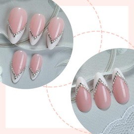 Medium Almond Press on Nails Fake Nails White French Tip with Rhinestone Designs Full Cover False Nails for Women Manicure 24 Pcs (White-40, M-40)