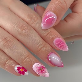 CECOBAG 24pcs Medium Press-On Almond Nails, Spring Pink Flower Tip Nails with Pearls Reusable Artificial Nails for Women DIY Nail Art Kit