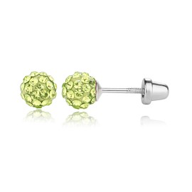 Sterling Silver Simulated August Birthstone Light Green Pave Ball Screw-Back Earrings for Little Girls and Kids