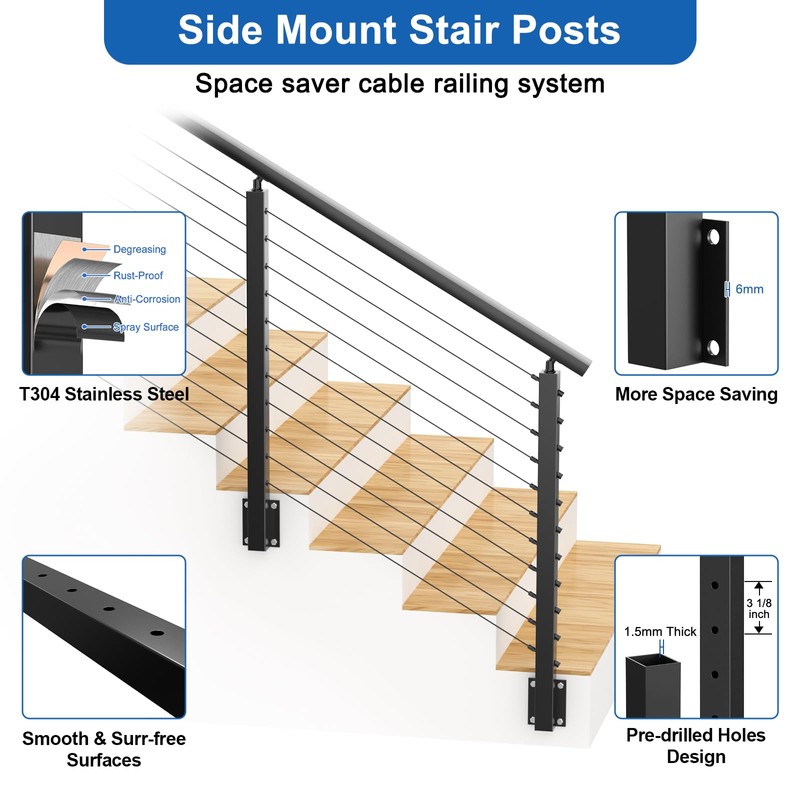 PLANTOP 36" Left Side Mount Stair Cable Railing Post for