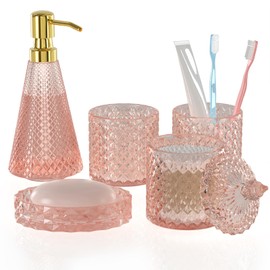 Pink Bathroom Accessories Set, 5 Pcs Premium Clear Glass Bathroom Accessory Set with Vanity Organizer, Lotion Dispenser, Soap Dish, Bathroom Tumbler, Cotton Swab Jars