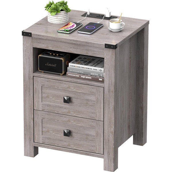 EasyCom Nightstand with Charging Station, Bedside Table, End Table with
