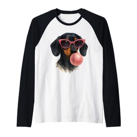 Cute Black Dachshund Dog with Heart Glasses Bubble Gum Women Raglan Baseball Tee