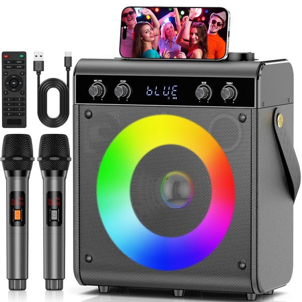 Ktrenv Karaoke Machine with 2 Wireless Microphones, Portable Bluetooth Speaker