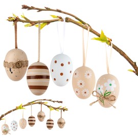 SilverChry Pack of 12 Easter Eggs for Hanging Easter Decoration, Easter Eggs Decoration, 6 cm Natural Plastic Eggs for Easter Decoration, Brown White Ornament for Easter Baskets, Spring Decoration,