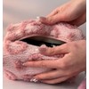Plush Pink Cosmetic Case with Heart Pattern, Furry Texture, Wrist