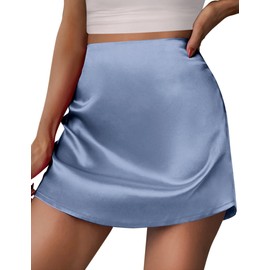 Zeagoo - Falda corta de satén para mujer, con cierre en forma de A, para verano, Azul, M