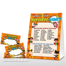 What's Your Superhero Name Game - Super Hero Birthday Party Games for Boys - Family School Classroom Activity - 1 Standing Sign and 30 Stickers - Kids Superhero Party Supplies Decorations(10)