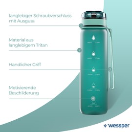 WESSPER Drinking Bottle 1 Litre Active Max, Tritan Sports Bottle with Time Marking, BPA-Free, Leak-Proof Water Bottle for Sports, Bicycle, Hiking, School, Children, Mint