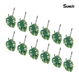 Tropical Leaf Decorative Shower Curtain Hooks Green Botanical Shower Curtain Rings, Resin, Monstera Deliciosa Leaves Shower Curtain Hangers for Bathroom, Set of 12