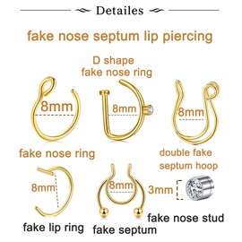 QWALIT Fake Nose Ring Gold Fake Nose Piercing Fake Lip Piercing Fake Septum Ring Fake Lip Ring Faux Nose Ring Clip on Nose Ring for Women Men Fake Septum Piercing Faux Septum Nose Rings Gold