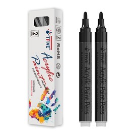 TFIVE Black Paint Marker Paint Pens - 2 Pack Acrylic Permanent Marker, 2-3mm Medium Tip, Paint Pen for Art Projects, Drawing, Rock Painting, Ceramic, Glass, Wood, Plastic, Metal, Canvas DIY Crafts