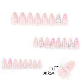24Pcs Almond Shaped Press on Nails French Tip Fake Nails Glossy 3D Glue on Nails Medium Length Acrylic Nails Heart Bow Star Moon Stick on Nails Cute Handmade Press on Nails for Women Nail Decorations