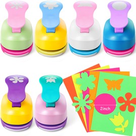 CHENGU 16 Pcs Craft Holes Punch Paper Punchers Scrapbook Punches with Craft Sticker Paper, Round, Star, Square, Heart, Flower, Wave Circle Shape (Flower Style,2 Inch)