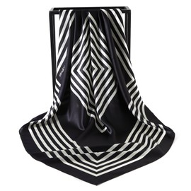 WUZININGLE 100% Mulberry Silk Head Scarf for Sleeping 35"x35" Square Silk Hair Scarf for Women Lightweight Silk Scarf Large Black Scarf-Stripes