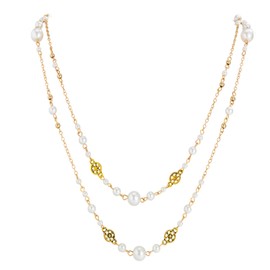 Dszemie Long Gold Layered Necklace for Women, 2 Layer Necklace Set, Pearl Accent, Gold Necklaces for Women, Hypoallergenic Safe, Gold Chain Necklace, Pearl Necklace, Jewelry for Gift