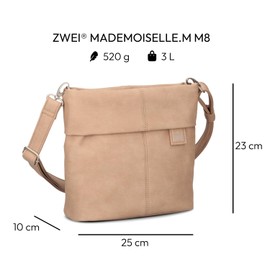 Zwei Mademoiselle.M M8 Women's Crossbody Bag 3 L Faux Leather Shoulder Bag with Secret Compartment & Main Compartment with Zip Includes Short & Long Removable Shoulder Strap, Nubuck Sand, shoulder bag