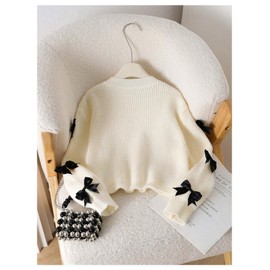 SHENHE Girl's Bow Sweater Crew Neck Long Sleeve Chunky Knit Cropped Sweater Pullover White 12Y