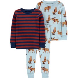 Simple Joys by Carter's Baby 3-Piece Snug-fit Cotton Holiday Pajama Set, Burgundy Stripe/Light Blue Moose, 6