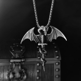 bahamut Mens Stainless Steel Dragon Sword Pendant Necklace Gothic Vintage Cool Jewelry with Chain, Stainless Steel, No Gemstone
