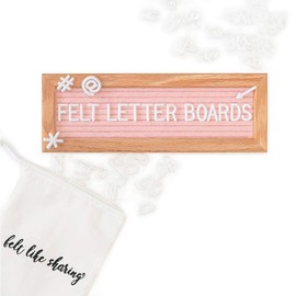 Small Felt Letter Board with Letters and Numbers, Message Board W/Oak Frame, 10 x 3.5 Inches, Changeable Letter Board, 150 3/4 Inch White Plastic Letters for Signs, Light Pink Felt Letter Board