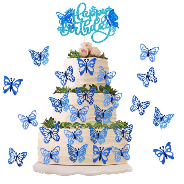 25 piezas de decoración para tartas de cumpleaños con diseño de mariposas 3D para decoración de tartas de cumpleaños para baby shower, decoración de tartas de cumpleaños, suministros de fiesta de mariposa, color azul