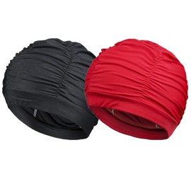 Golden Apple 2Pack Nylon Soild Color Ladies Swimming Hat Pleated Style Swim Cap Long Hair Swimming Cap for Men Women (Red+Black)