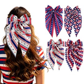 4pcs Independence Day Hair Bows for Women,Star Striped Long Ribbon Spring Clip with American Flag Element,Red White Blue Stars Bowknot Hair Clips 4th of July Holiday Hair Accessory for Party Decor