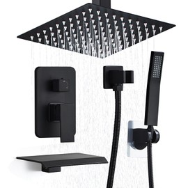 RTOBWEYE 10 Inch Shower Faucet Set, Ceiling Mounted Rainfall Shower System with High Pressure Handheld Shower Head, Bathroom Mixer Shower Set Rough-in Valve and Trim Kit, Matte Black, with Tub Spout