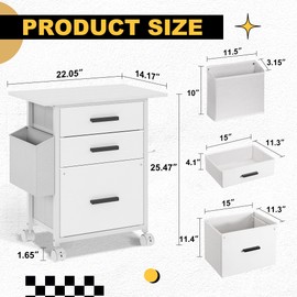NASHZEN File Cabinet Printer Stand, Fabric Mobile Filing Cabinet with 3 Storage Drawers, for Hanging A4, Letter Size File Folders, Storage Bag and Hooks Home Office, White